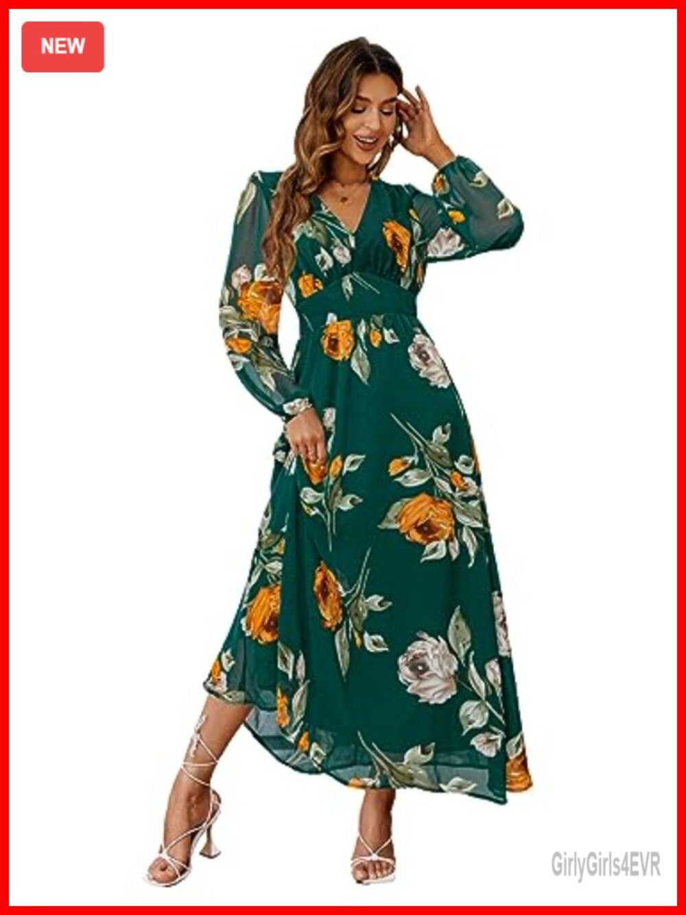 Boho Floral Maxi Dress V Neck Ruffle Sleeve High Waist Wedding Guest Beach